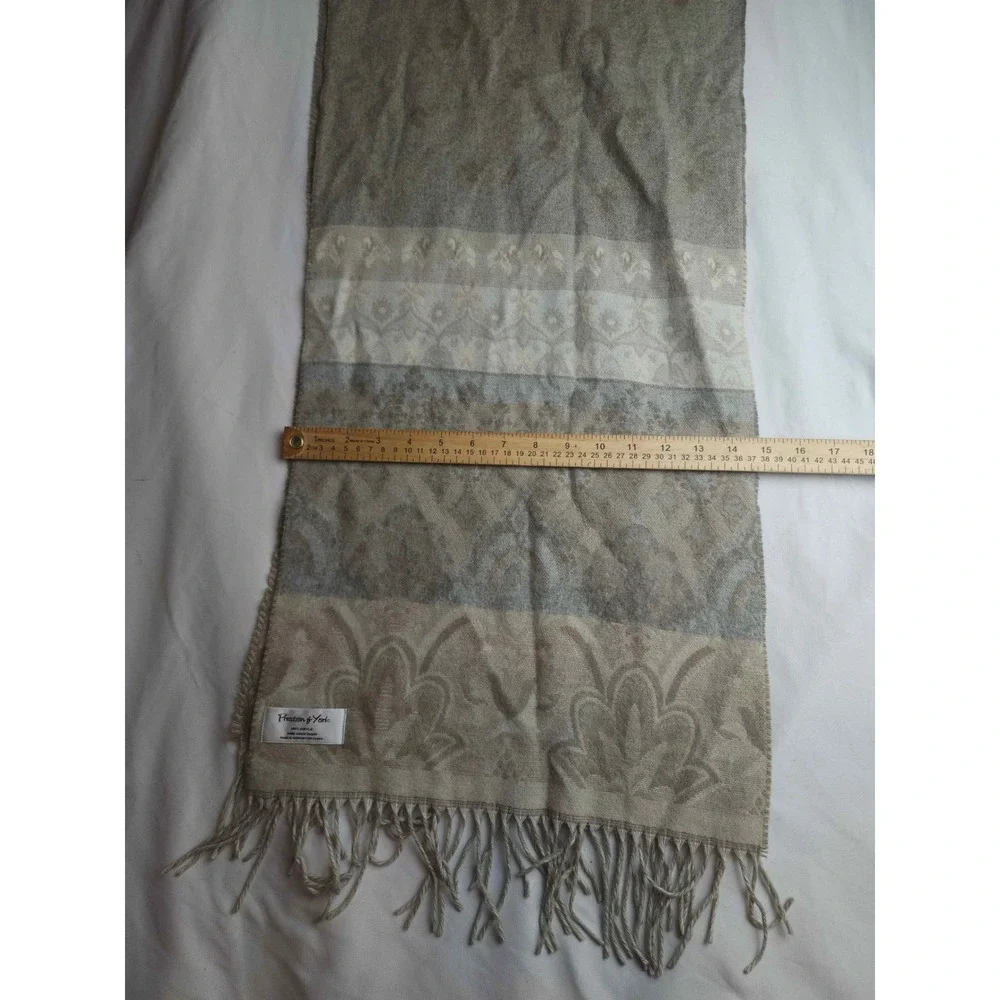 Preston & York Tan Beige Floral Damask Acrylic Scarf Made in Germany Fringe Trim